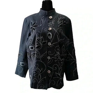 Allure Blazer Beaded Embroidered Button Front Jacket Black Size Small